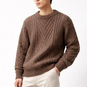 Bonner of Ireland Men Wool Fisherman Sweater Brown Cable Knit M Old Money Nordic